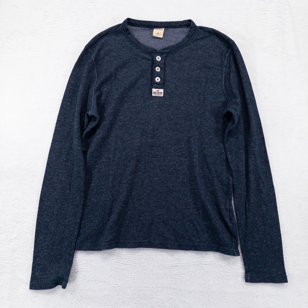 Hollister Mens Henley Shirt Size Medium Navy Blue Long Sleeve Logo Heritage
